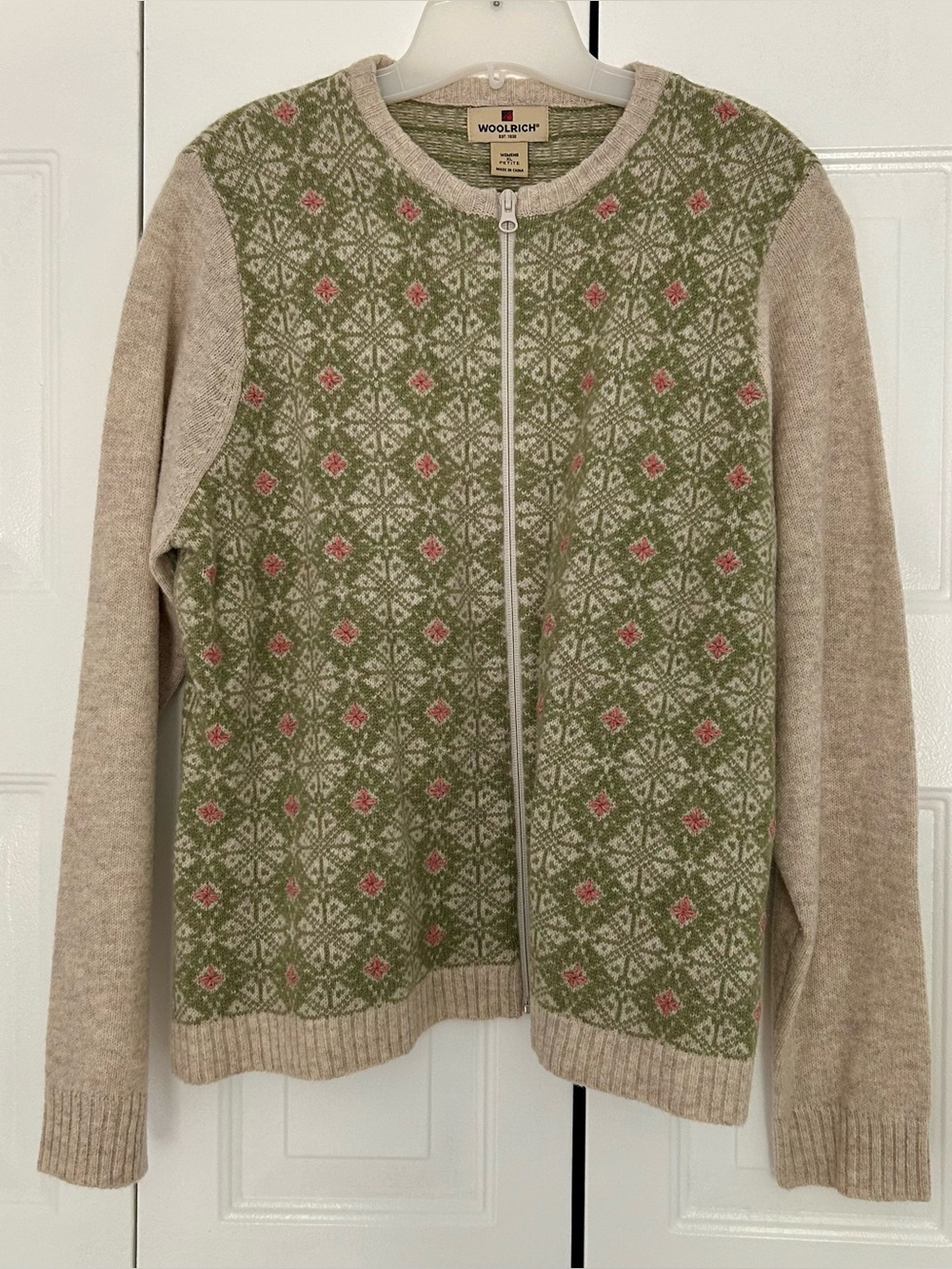 EUC Woolrich Nordic Zip Cardigan, Tan Green Pink, 100% Lambs Wool, Petit XL